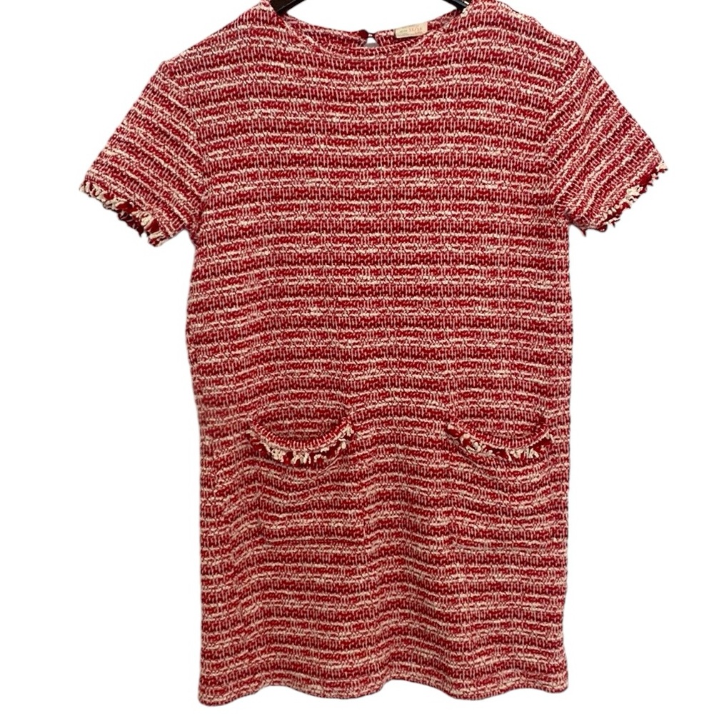 Zara Girls Red White Shortsleeved Tweed Woven Cotton Blend Dress Girls 11/12
